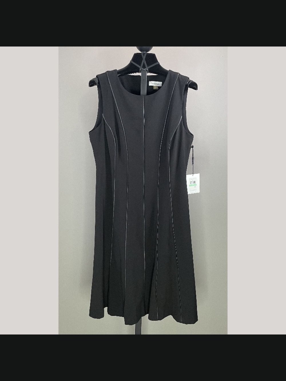 NEW Calvin Klein Dress Womens 8 black fit flare leather trim cocktail classic